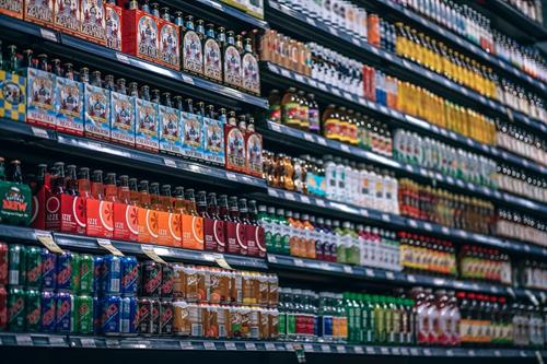Beverages and food products at a grocery store